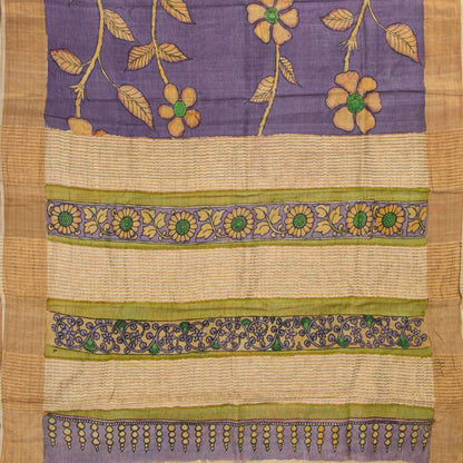 Mauve Handpainted Kalamkari Tussar Silk Saree With Zari Border PTK VSR 128