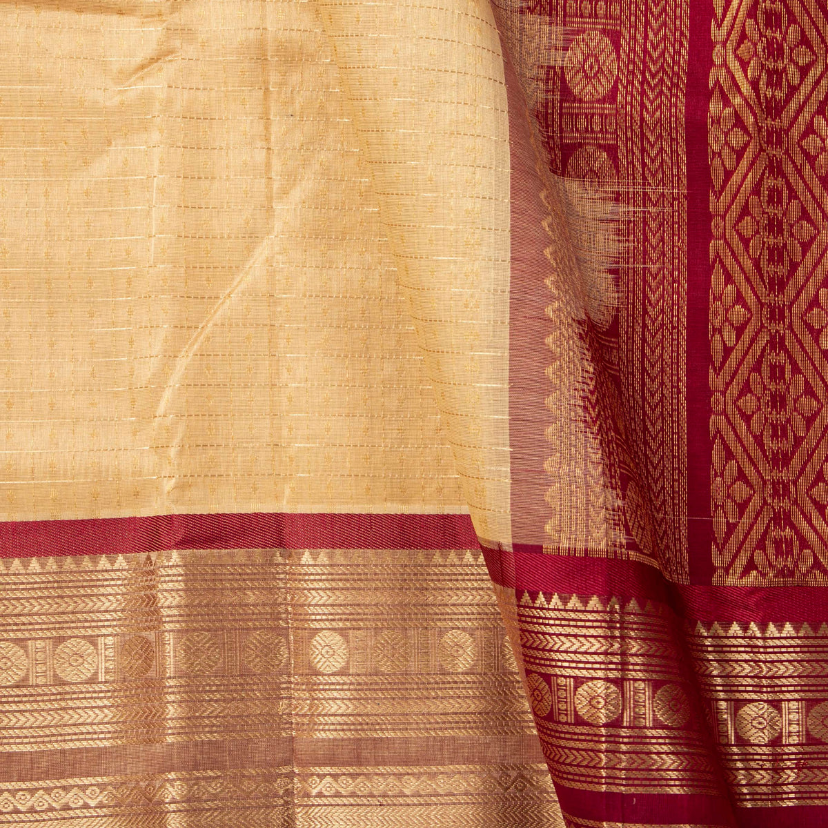 Beige And Maroon Kanchi Silk Cotton Saree For Festive Wear VP SC 256