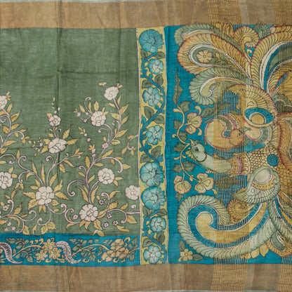 Green And Blue Handpainted Kalamkari Tussar Silk Saree With Zari Border PTK VSR 123