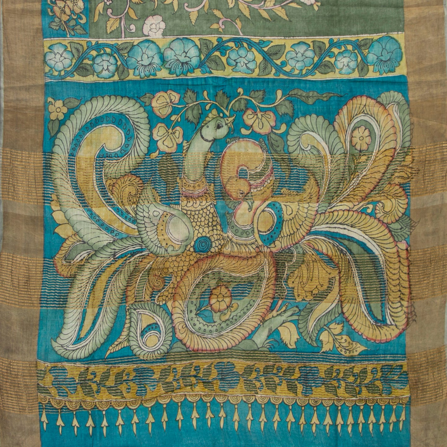 Green And Blue Handpainted Kalamkari Tussar Silk Saree With Zari Border PTK VSR 123