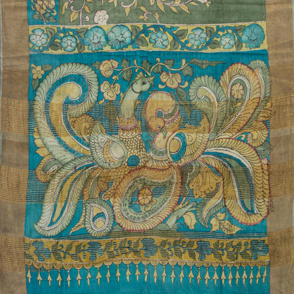 Green And Blue Handpainted Kalamkari Tussar Silk Saree With Zari Border PTK VSR 123