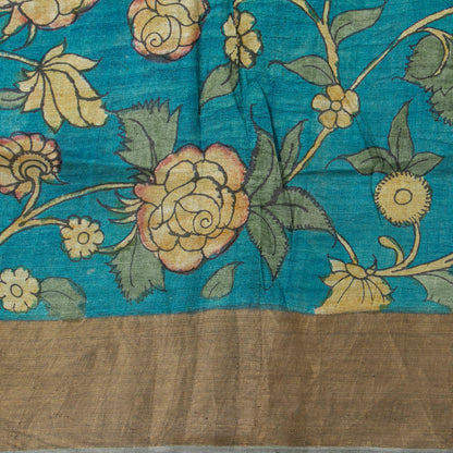 Green And Blue Handpainted Kalamkari Tussar Silk Saree With Zari Border PTK VSR 123