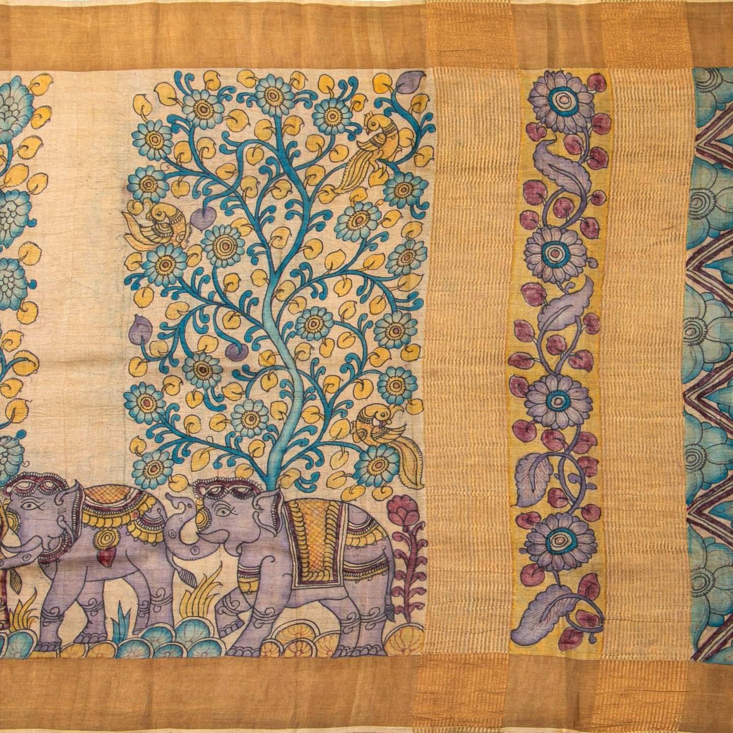 Beige Handpainted Kalamkari Tussar Silk Saree With Zari Border PTK VSR 133