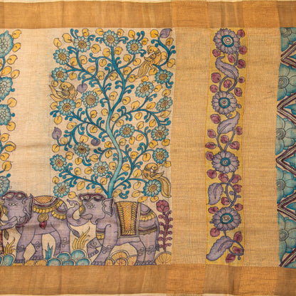 Beige Handpainted Kalamkari Tussar Silk Saree With Zari Border PTK VSR 133