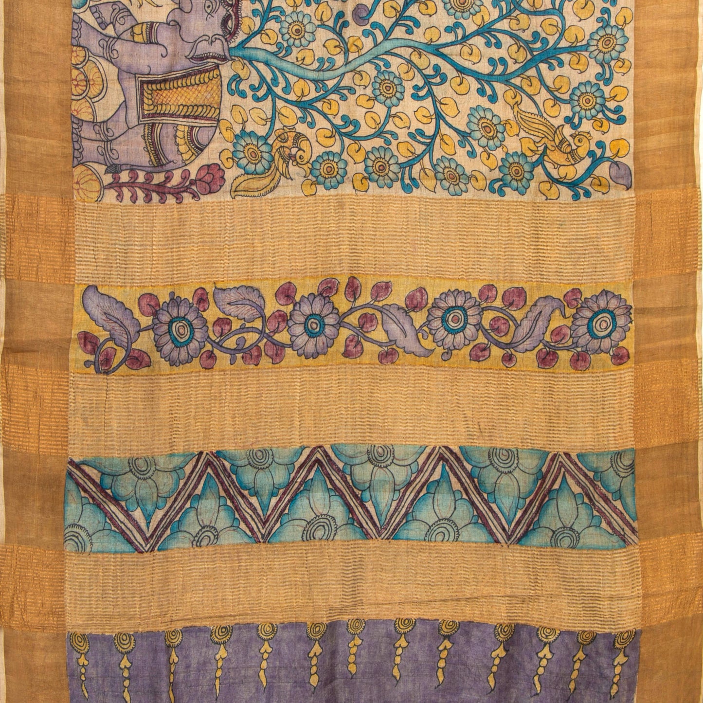 Beige Handpainted Kalamkari Tussar Silk Saree With Zari Border PTK VSR 133