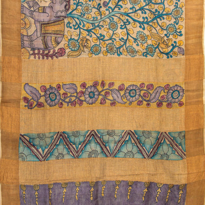Beige Handpainted Kalamkari Tussar Silk Saree With Zari Border PTK VSR 133