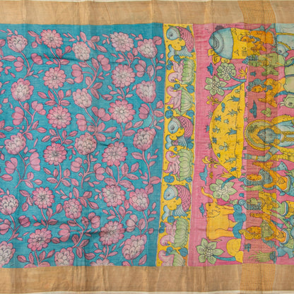Blue Handpainted Kalamkari Tussar Silk Saree With Zari Border PTK VSR 134