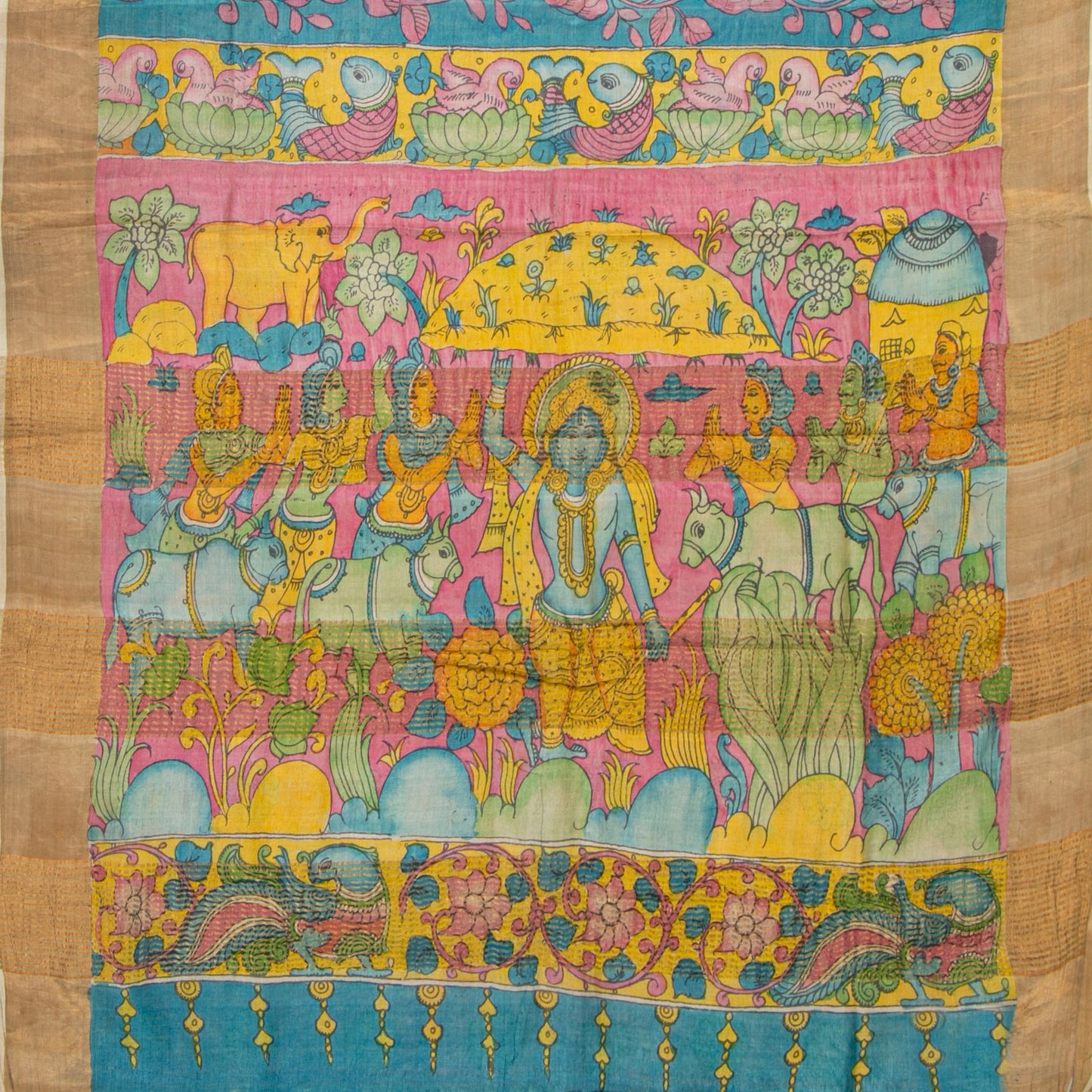 Blue Handpainted Kalamkari Tussar Silk Saree With Zari Border PTK VSR 134