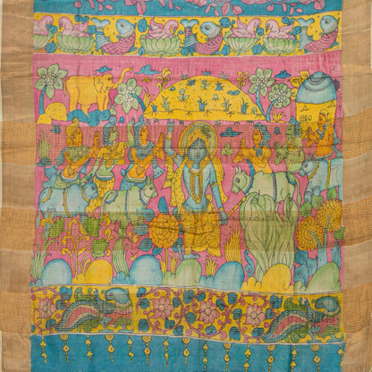 Blue Handpainted Kalamkari Tussar Silk Saree With Zari Border PTK VSR 134