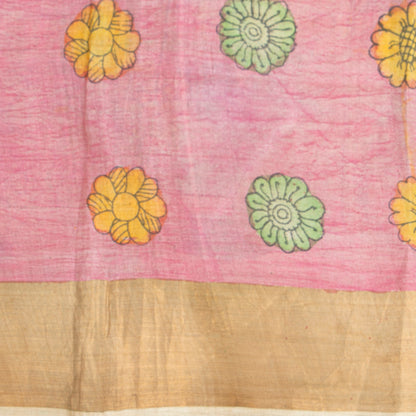 Blue Handpainted Kalamkari Tussar Silk Saree With Zari Border PTK VSR 134