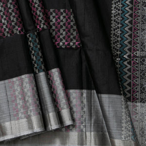 Black And Grey Handwoven Soft Silk Saree For Office Wear PV RSP 172