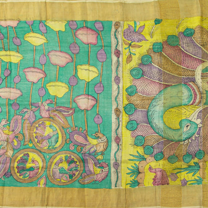 Green Handpainted Kalamkari Tussare Silk Saree With Zari Border PTK VSR 135