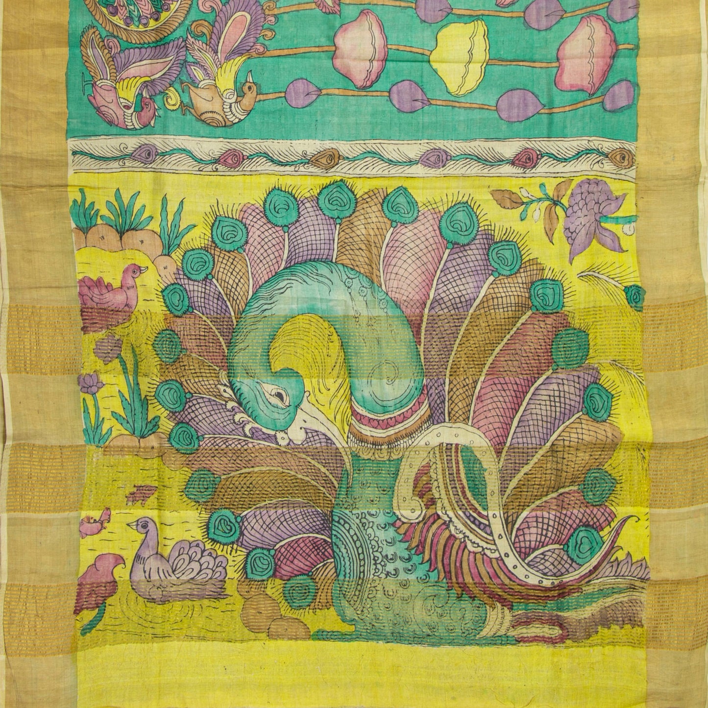 Green Handpainted Kalamkari Tussare Silk Saree With Zari Border PTK VSR 135