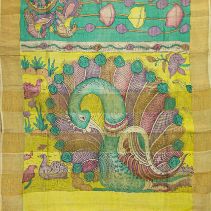 Green Handpainted Kalamkari Tussare Silk Saree With Zari Border PTK VSR 135