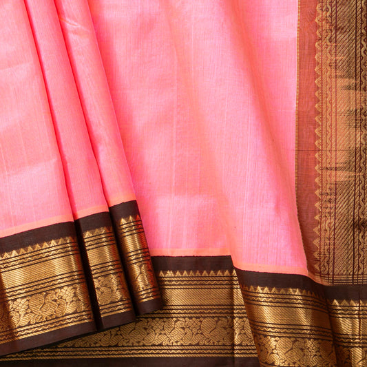 Lotus Pink And Brown Kanchi Silk Cotton Saree For Festive Wear VP SC 207
