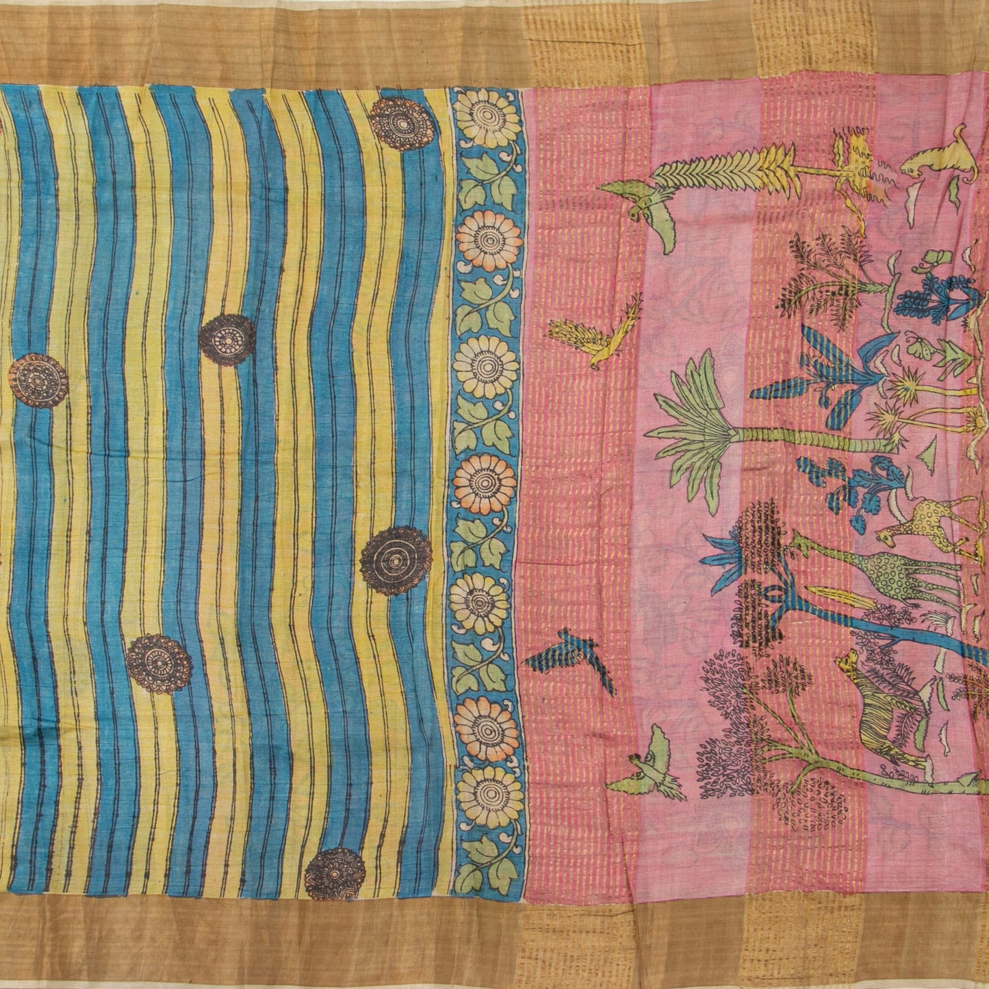 Blue And Green Handpainted Kalamkari Tussare Silk Saree With Zari Border PTK VSR 132