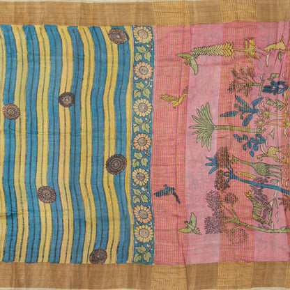 Blue And Green Handpainted Kalamkari Tussare Silk Saree With Zari Border PTK VSR 132