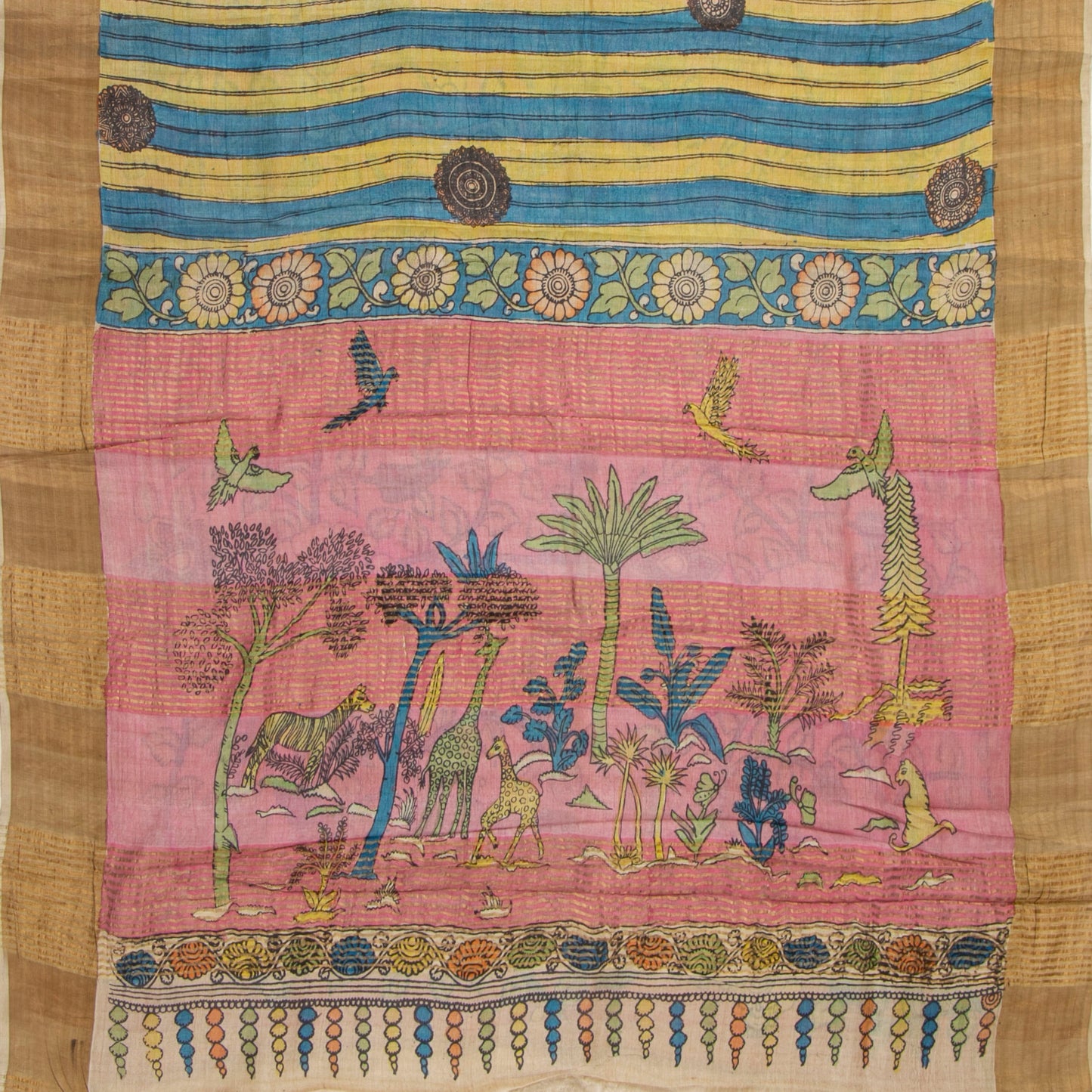 Blue And Green Handpainted Kalamkari Tussare Silk Saree With Zari Border PTK VSR 132