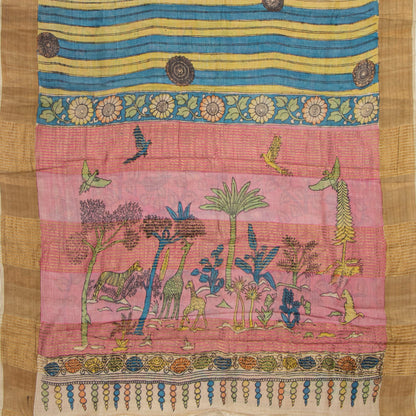 Blue And Green Handpainted Kalamkari Tussare Silk Saree With Zari Border PTK VSR 132