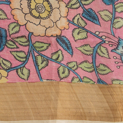 Blue And Green Handpainted Kalamkari Tussare Silk Saree With Zari Border PTK VSR 132