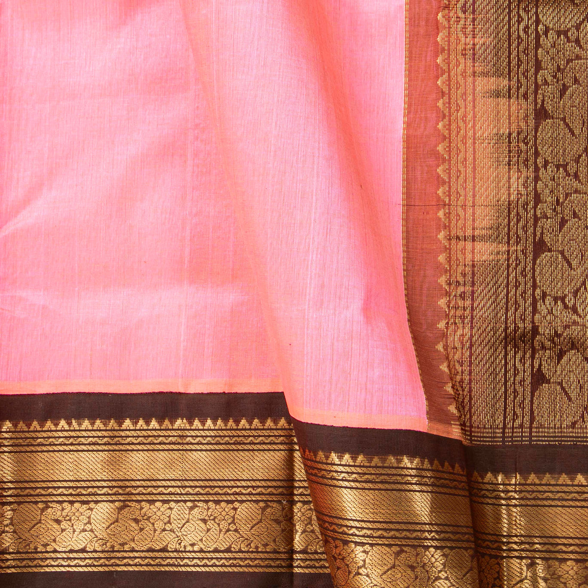 Lotus Pink And Brown Kanchi Silk Cotton Saree For Festive Wear VP SC 207