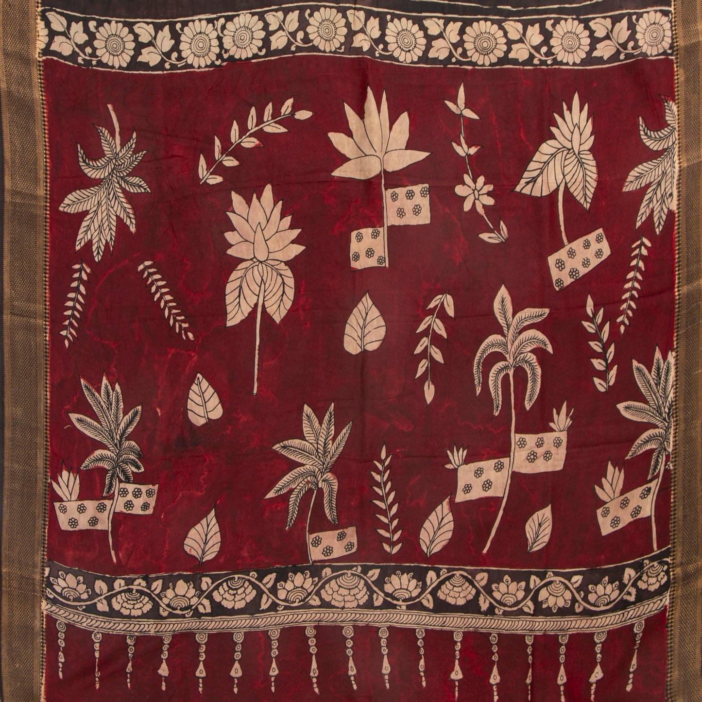 Handpainted Striped Kalamkari Bangalore Silk Saree in Maroon For Party Wear KBS VSR 105