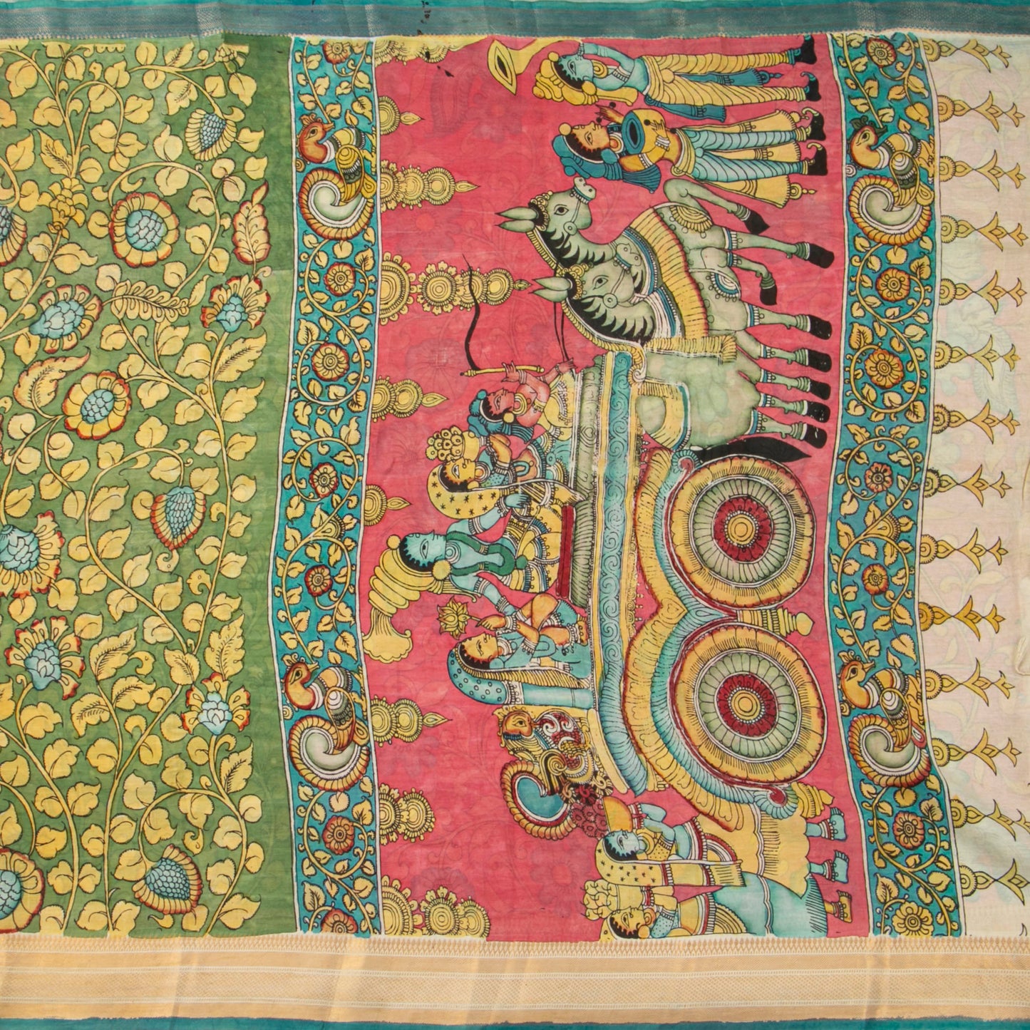 Green Handpainted Kalamkari Bangalore Silk Saree With Zari Border For Office Wear KBS VSR 114