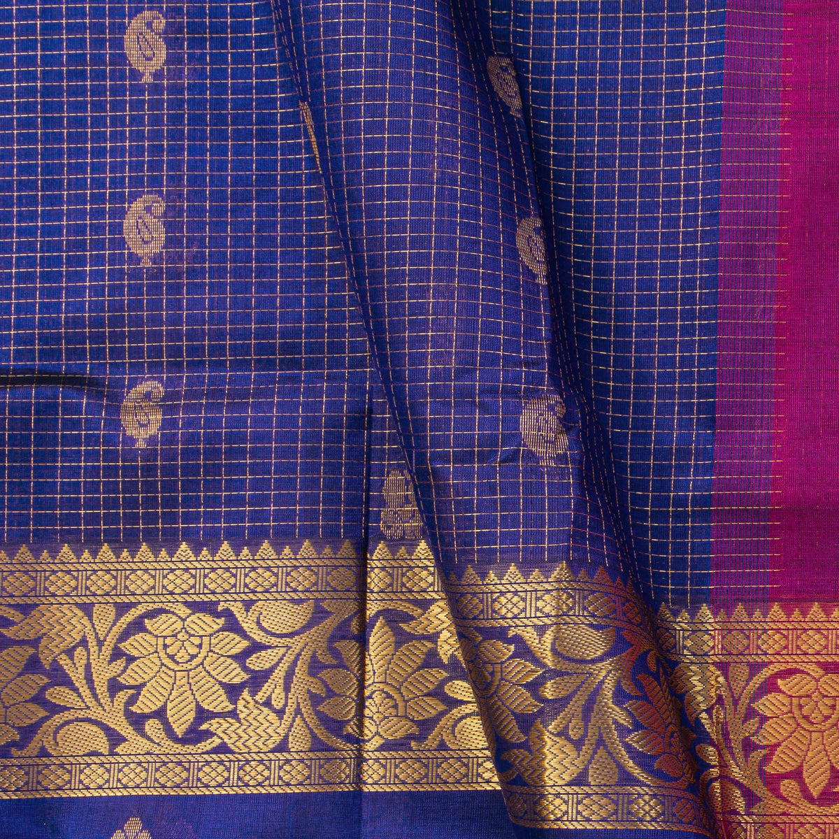 Royal Blue And Magenta Kanchi Silk Cotton Saree For Festive Wear VP SC 200