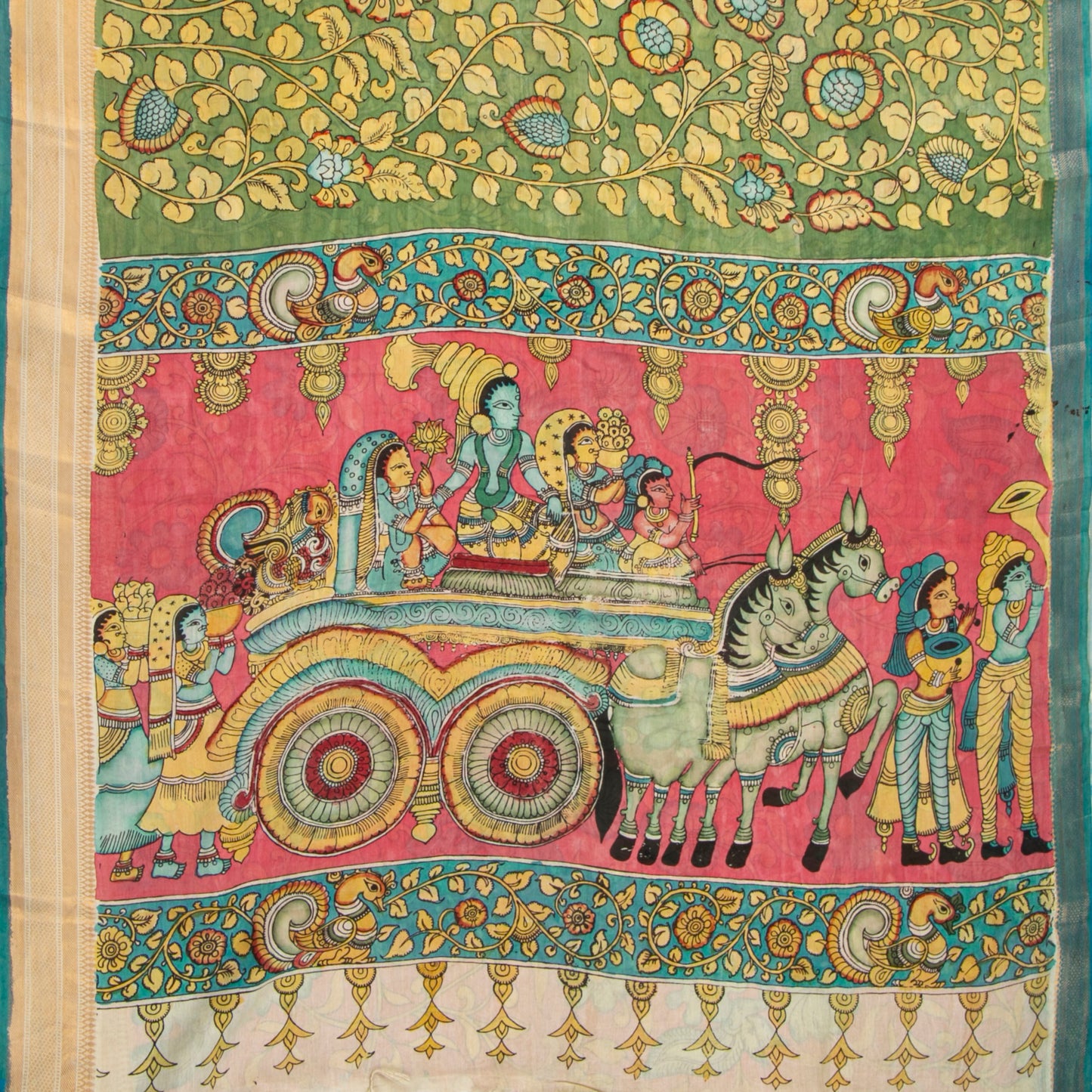 Green Handpainted Kalamkari Bangalore Silk Saree With Zari Border For Office Wear KBS VSR 114