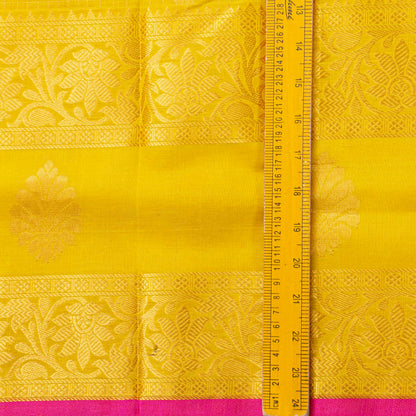 Yellow And Pink Kanchi Silk Cotton Saree With Zari Checks For Festive Wear VP SC 201