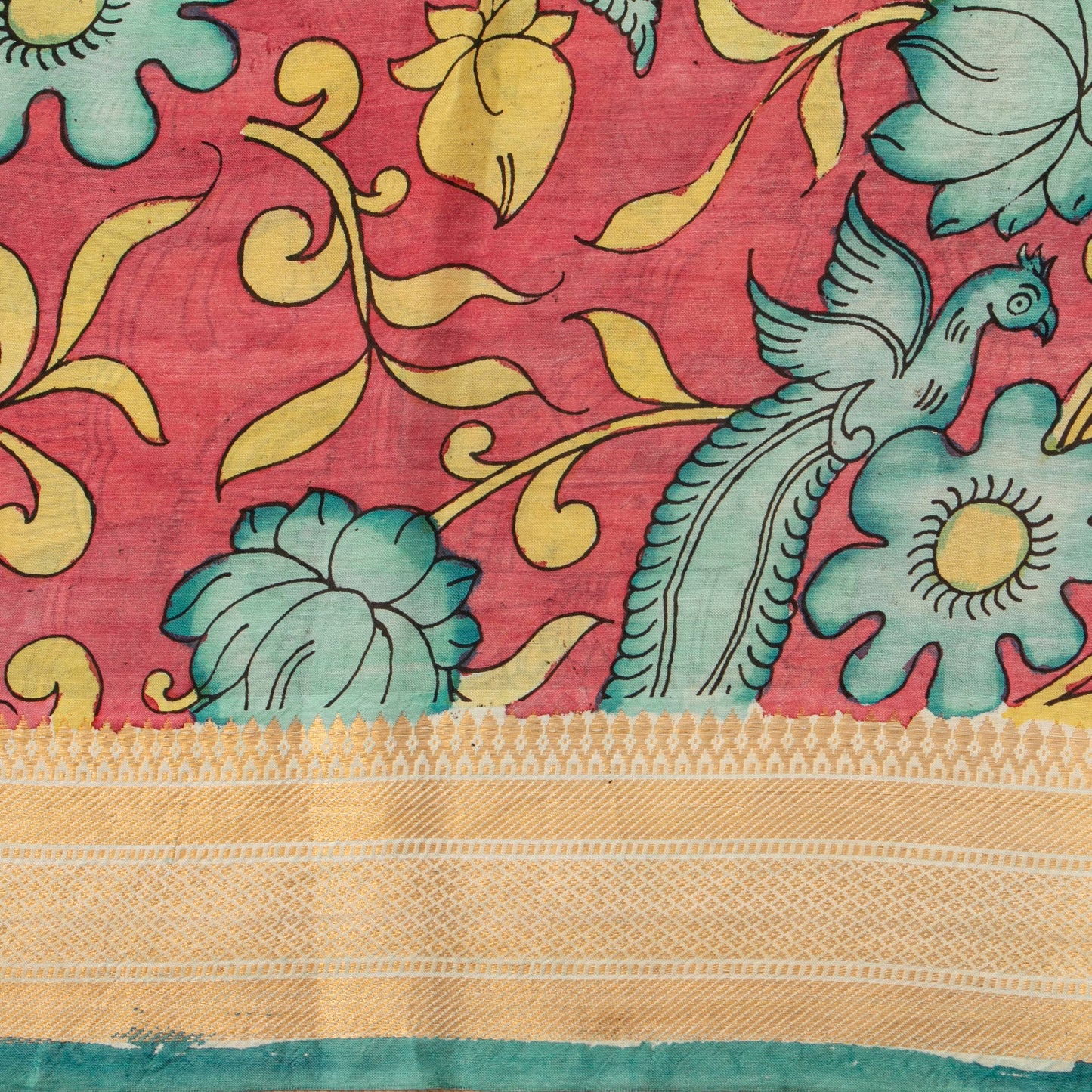 Green Handpainted Kalamkari Bangalore Silk Saree With Zari Border For Office Wear KBS VSR 114