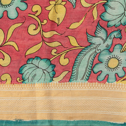Green Handpainted Kalamkari Bangalore Silk Saree With Zari Border For Office Wear KBS VSR 114
