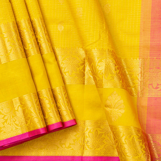 Yellow And Pink Kanchi Silk Cotton Saree With Zari Checks For Festive Wear VP SC 201