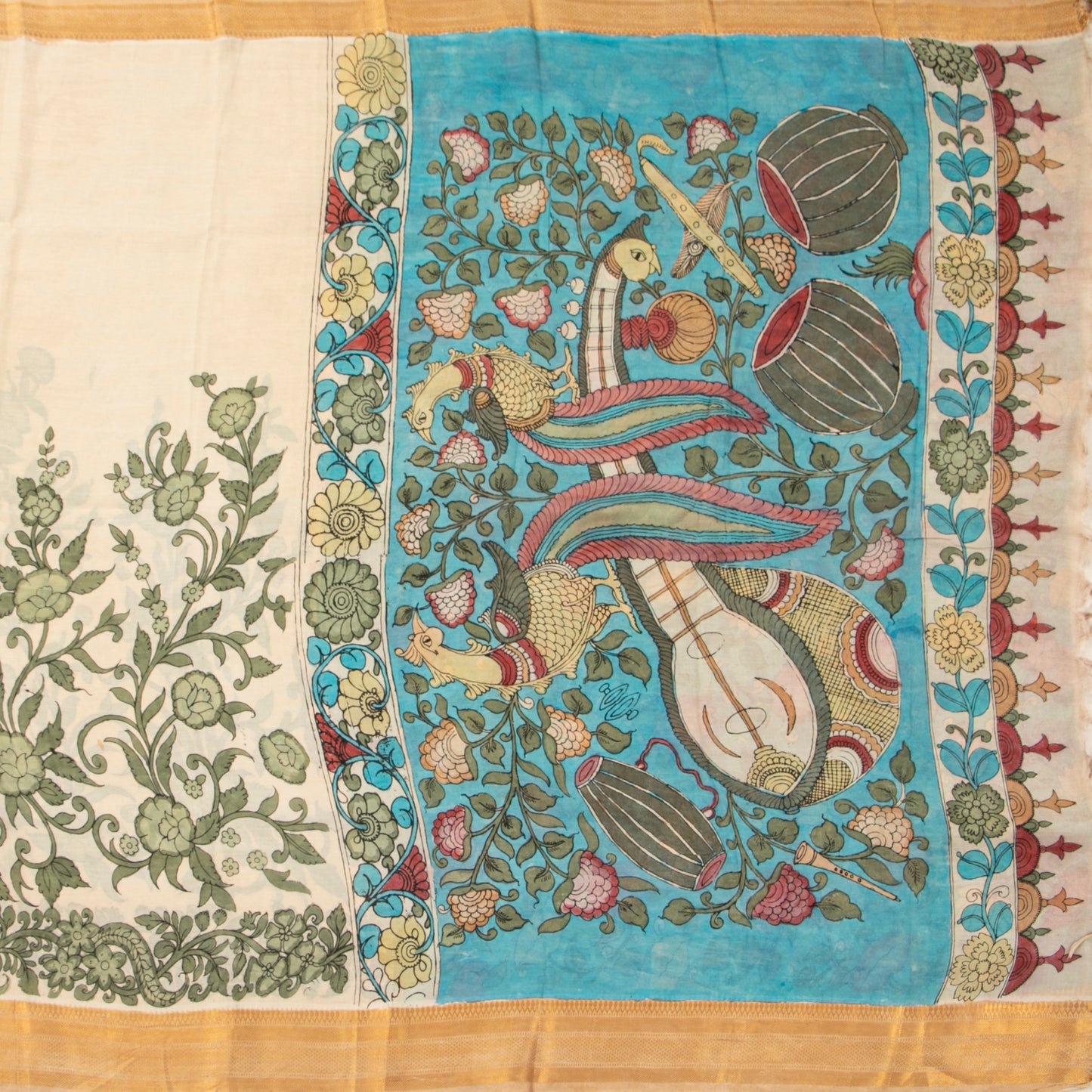 Off White And Blue Handpainted Kalamkari Bangalore Silk Saree With Zari Border For Festive Wear KBS VSR 113