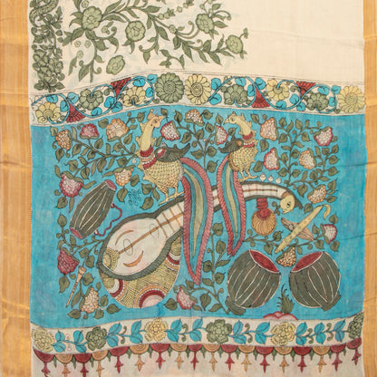 Off White And Blue Handpainted Kalamkari Bangalore Silk Saree With Zari Border For Festive Wear KBS VSR 113