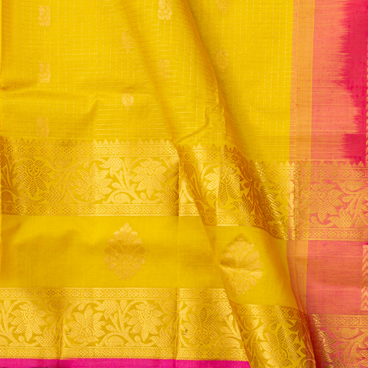Yellow And Pink Kanchi Silk Cotton Saree With Zari Checks For Festive Wear VP SC 201
