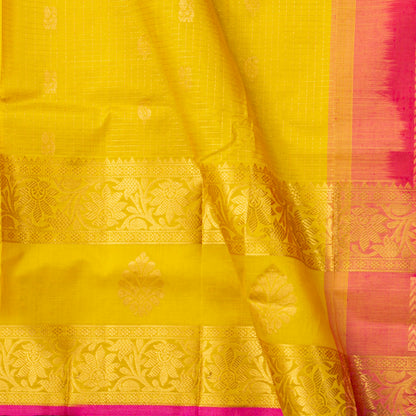 Yellow And Pink Kanchi Silk Cotton Saree With Zari Checks For Festive Wear VP SC 201