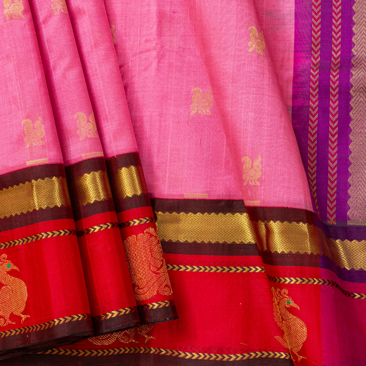 Lotus Pink And Red Kanchi Silk Cotton Saree For Festive Wear VP SC 188