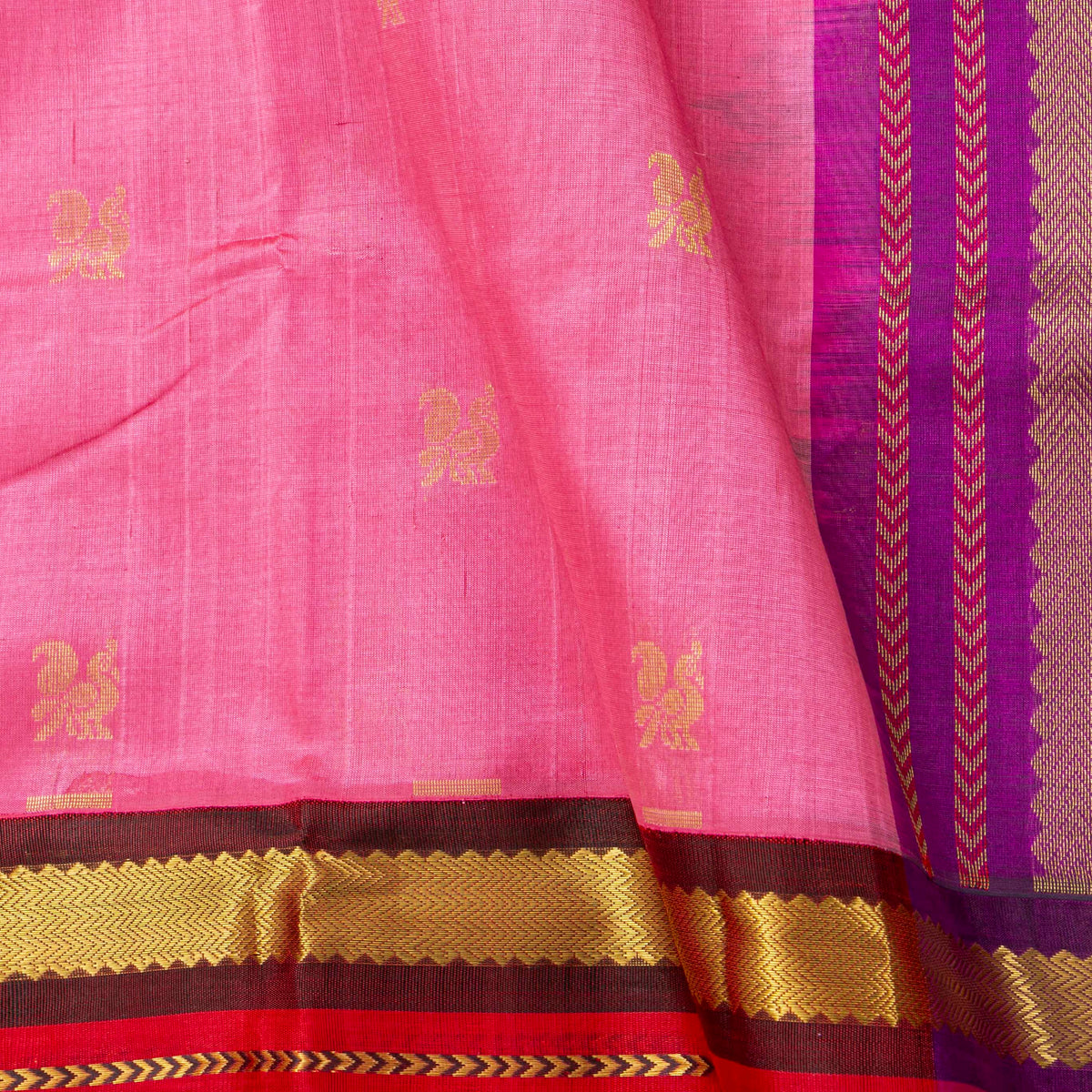 Lotus Pink And Red Kanchi Silk Cotton Saree For Festive Wear VP SC 188