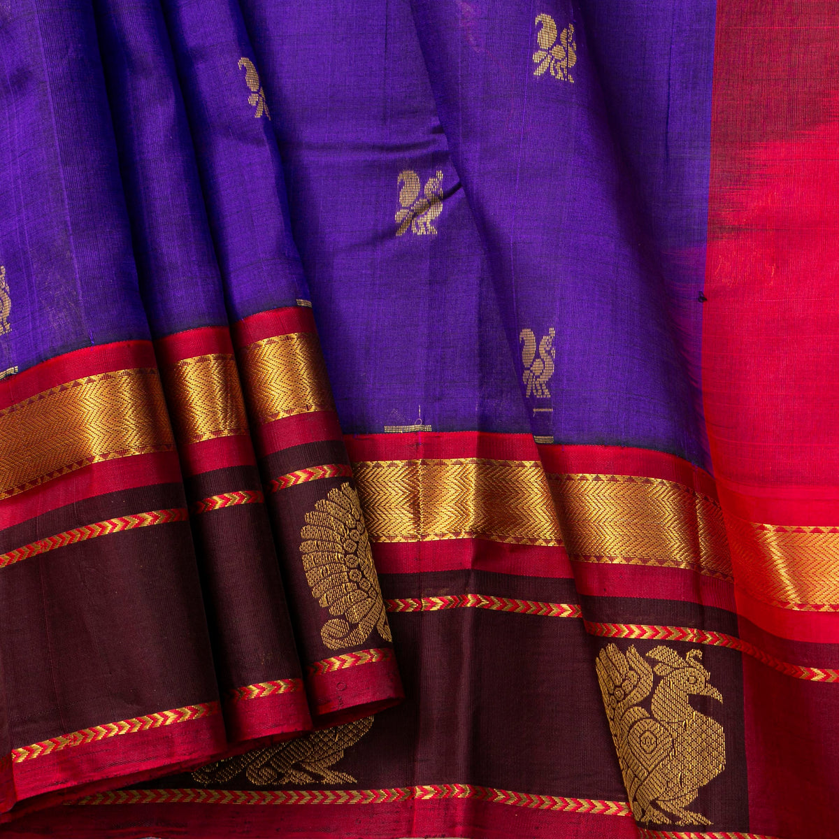 Violet And Red Kanchi Silk Cotton Saree For Festive Wear VP SC 187