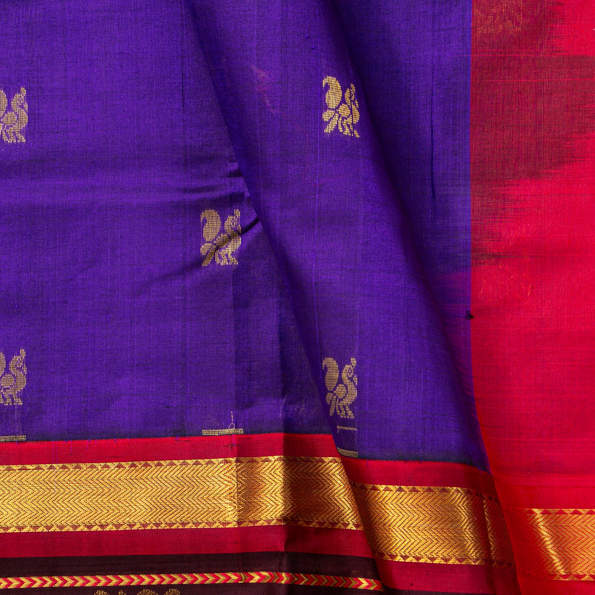 Violet And Red Kanchi Silk Cotton Saree For Festive Wear VP SC 187