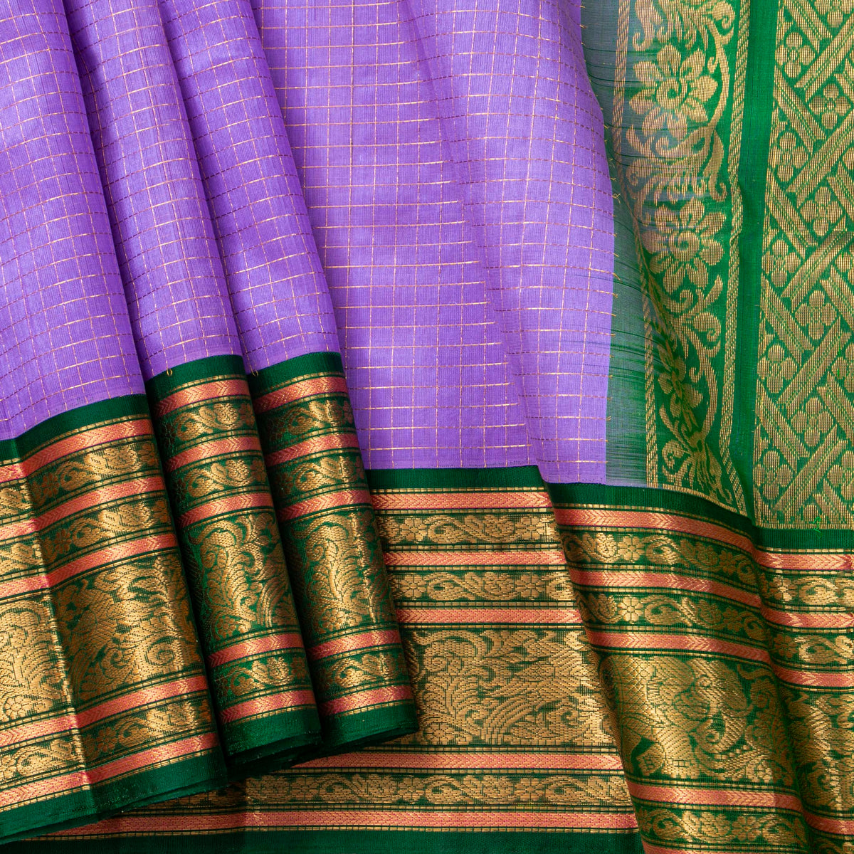 Lilac And Green Kanchi Silk Cotton Saree For Festive Wear VP SC 217