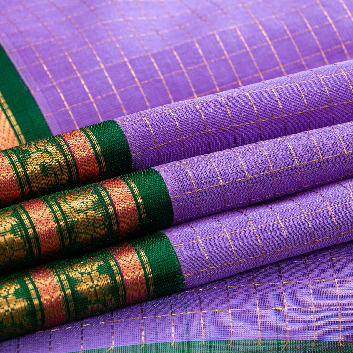 Lilac And Green Kanchi Silk Cotton Saree For Festive Wear VP SC 217