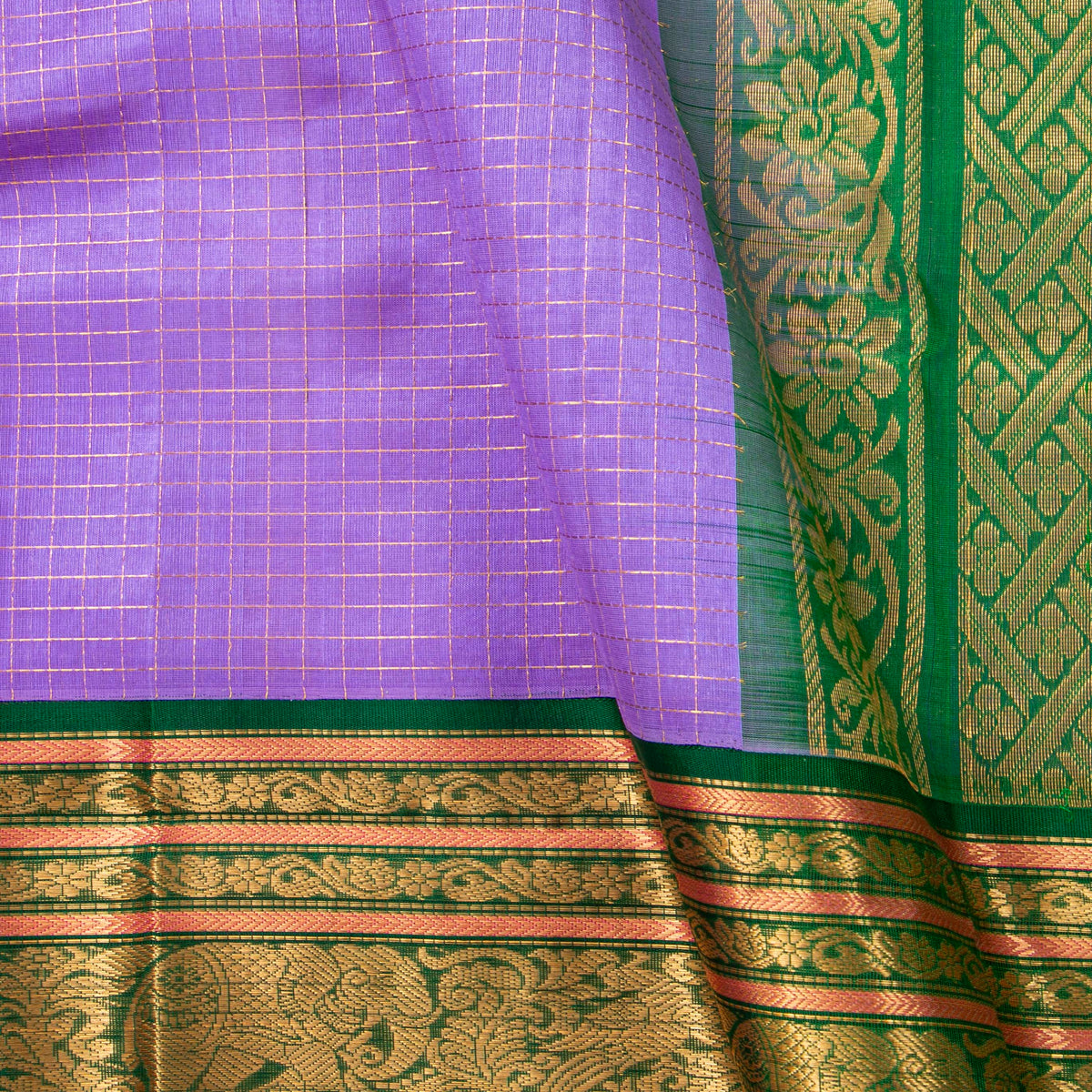 Lilac And Green Kanchi Silk Cotton Saree For Festive Wear VP SC 217