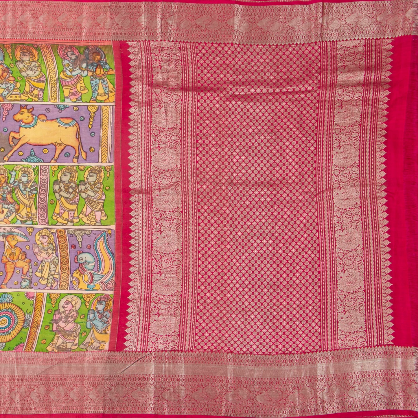 Vamana Avatar Themed Green Handpainted Kalamkari Kanchipuram Silk Saree For Festive Wear PV VSR KK 111