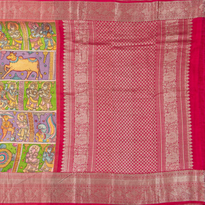 Vamana Avatar Themed Green Handpainted Kalamkari Kanchipuram Silk Saree For Festive Wear PV VSR KK 111