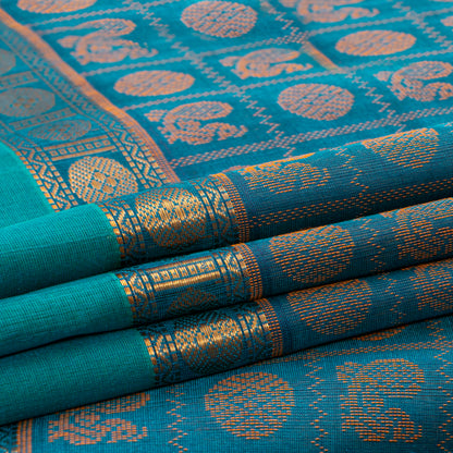 Teal And Turquoise Kanchi Silk Cotton Saree For Festive Wear VP SC 191