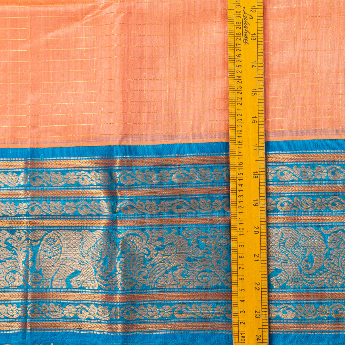 Peach And Ananda Blue Kanchi Silk Cotton Saree For Festive Wear VP SC 216