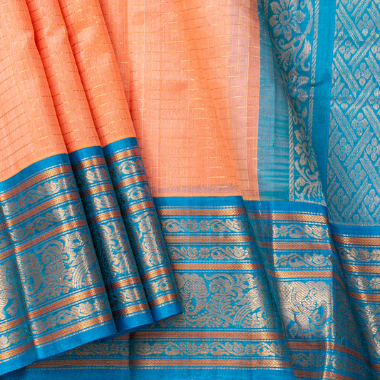 Peach And Ananda Blue Kanchi Silk Cotton Saree For Festive Wear VP SC 216