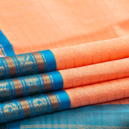 Peach And Ananda Blue Kanchi Silk Cotton Saree For Festive Wear VP SC 216